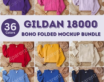Boho Bundle: 36 Gildan 18000 Flat Lay Mockups & Color Charts, Cozy Crewneck Collection Sweatshirt, High Resolution Folded Sweatshirt Mockups