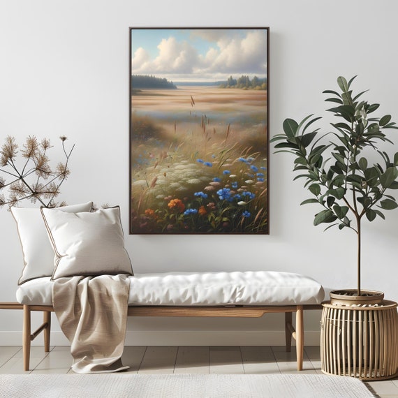 Wildflower Field Framed Wall Art, Serene Living Room Decor