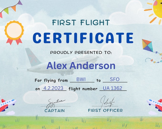 Editable My First Flight Certificate Template Kids Award Certificate ...