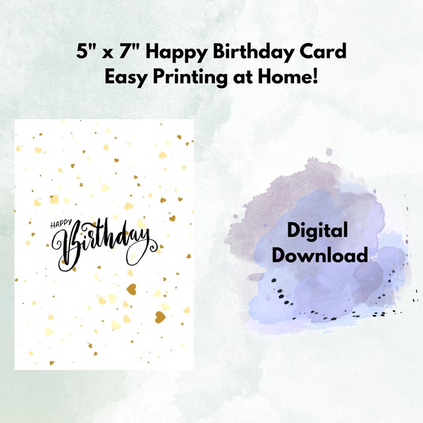 Cute Heart Happy Birthday Card, Printable Birthday Card, Digital birthday Card, simple design, 5" x 7" Birthday Card