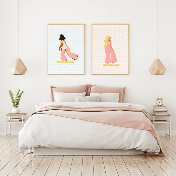 Skate girls having fun. Set of 2 retro skate-inspired wall posters. Lifestyle art. Streetstyle. Skate girls. Digital art.