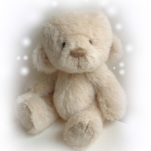 May include: A soft, cream-colored teddy bear with brown eyes and a brown nose. The bear is sitting on a white background.