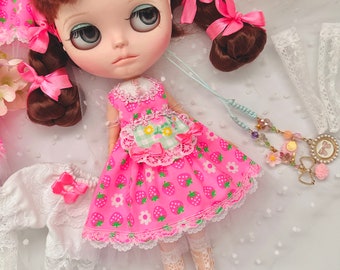 3 piece set - Handmade Neo Blythe doll dress - strawberry shortcake set