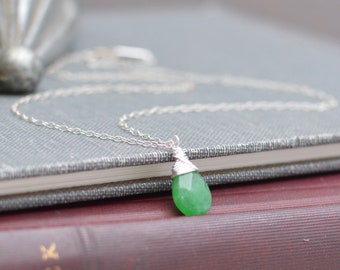 Green Aventurine Faceted Teardrop Pendant on Silver Chain Necklace