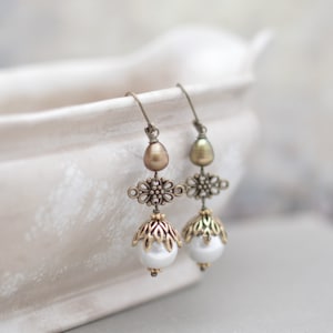 Antiqued Gold and Pearl Earrings