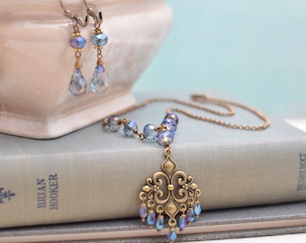 Blue and Antiqued Brass Art Nouveau Necklace and Earrings Set
