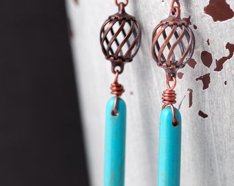 Turquoise and Copper Cage Bead Earrings