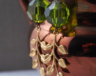 Vintage Green Acrylic Bead Earrings with Gold Leafy Branch Dangles