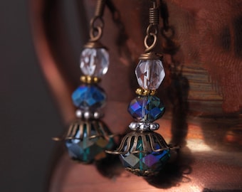 Blue Green Copper and Silver Mixed Metal Earrings