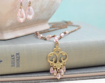 Pink and Antiqued Brass Art Nouveau Necklace and Earrings Set