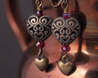 Antiqued Brass Filigree Heart Earrings