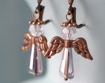 Copper and Crystal Angel Earrings