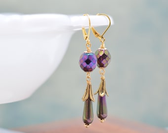 Antiek goud & Iris glas Art Nouveau oorbellen