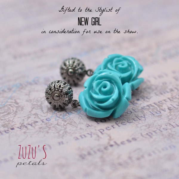 Turquoise Rose Earrings Silver Filigree Post Earrings Flower Earrings Handmade Earrings Dainty Earrings Gifted to the Stylist of New Girl