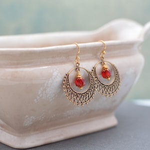 Antique Gold Filigree Hoop Earrings with Ruby Red Czech Glass Cathedral Beads