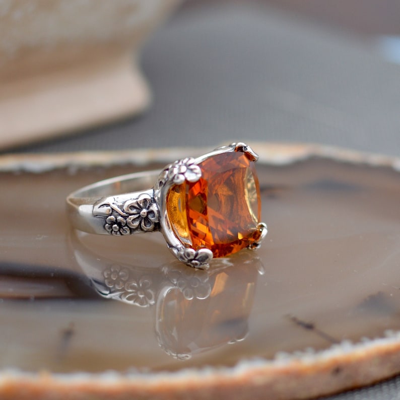 Madeira Citrine Cocktail Ring 9ct Big and Bold Ring Statement Ring Cushion Cut Gemstone 14mm 925 Sterling Silver Floral Ring Mounting