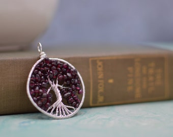 Tree of Life Pendant Wire Wrapped Pendant Sterling Silver Pendant Garnet Pendant January Birthstone Jewelry Birthstone Pendant Tree Pendant