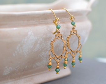 Gold Art Deco Filigree Chandelier Earrings With Palace Green Opal Swarovski Crystals Handmade Earrings