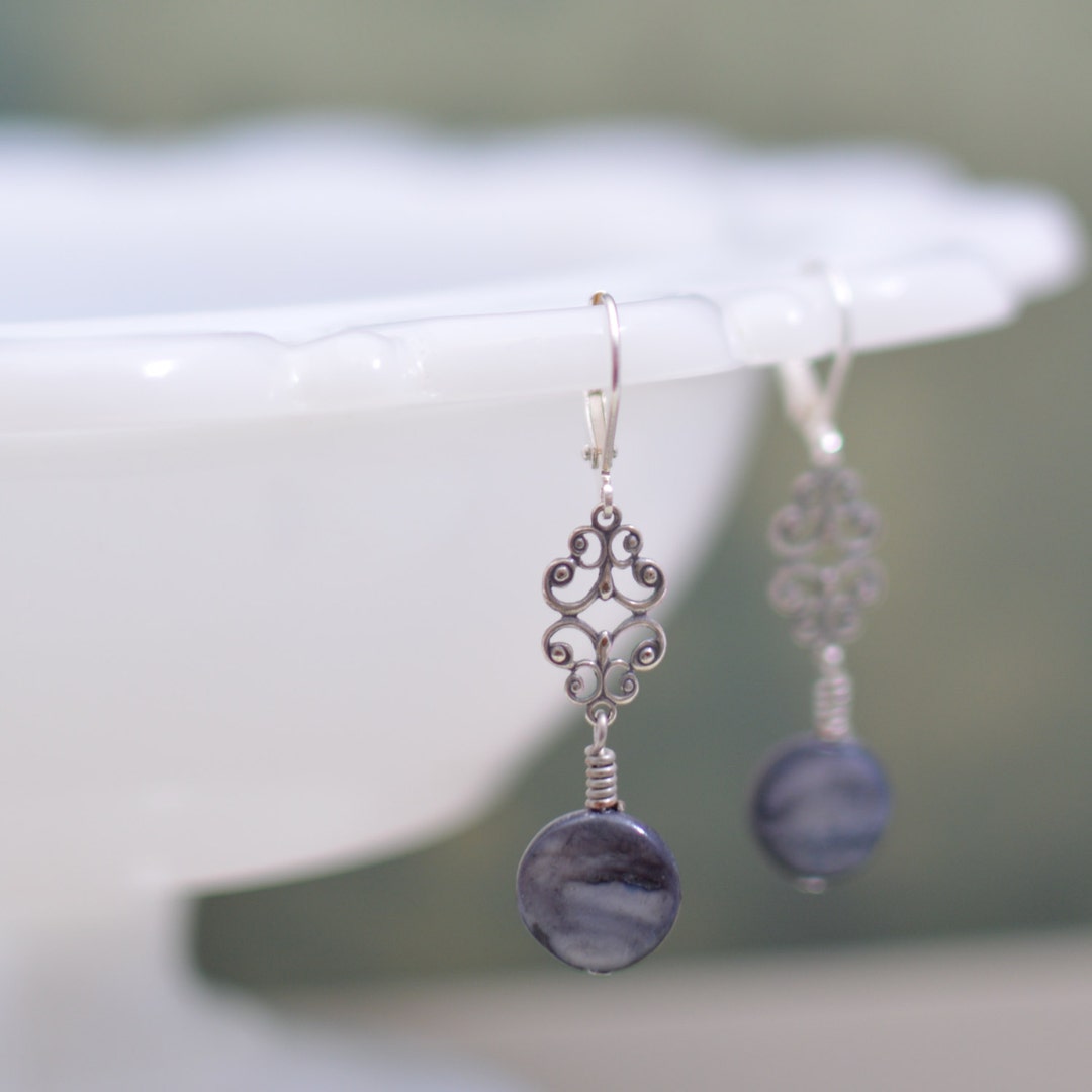 Mother of Pearl and Silver Filigree Earrings - Etsy