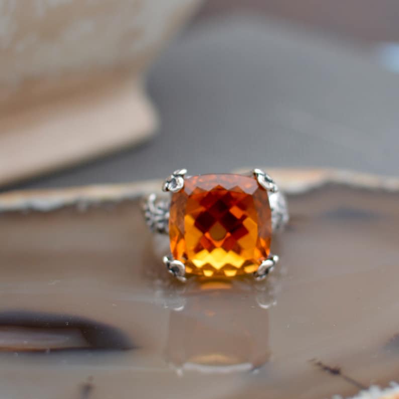Madeira Citrine Cocktail Ring 9ct Big and Bold Ring Statement Ring Cushion Cut Gemstone 14mm 925 Sterling Silver Floral Ring Mounting