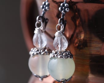 Green Chalcedony and Crystal Quartz Earrings