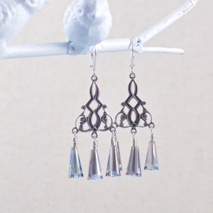 Silver Chandelier Earrings with Silver Crystals