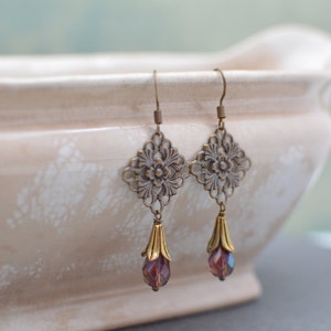 Antiques Gold & Brass Art Nouveau Chandelier Earrings with Amethyst Crystals