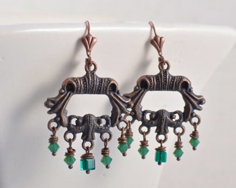 Antiqued Copper Earrings Chandelier Earrings with Emerald Green Swarovski Crystal Earrings Renaissance Earrings Old World Handmade Earrings