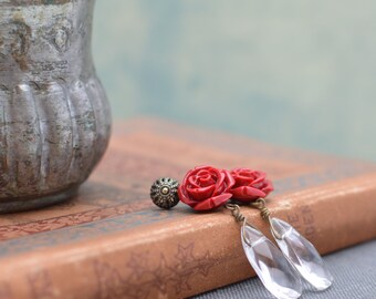 Red Rose Earrings with Teardrop Bead