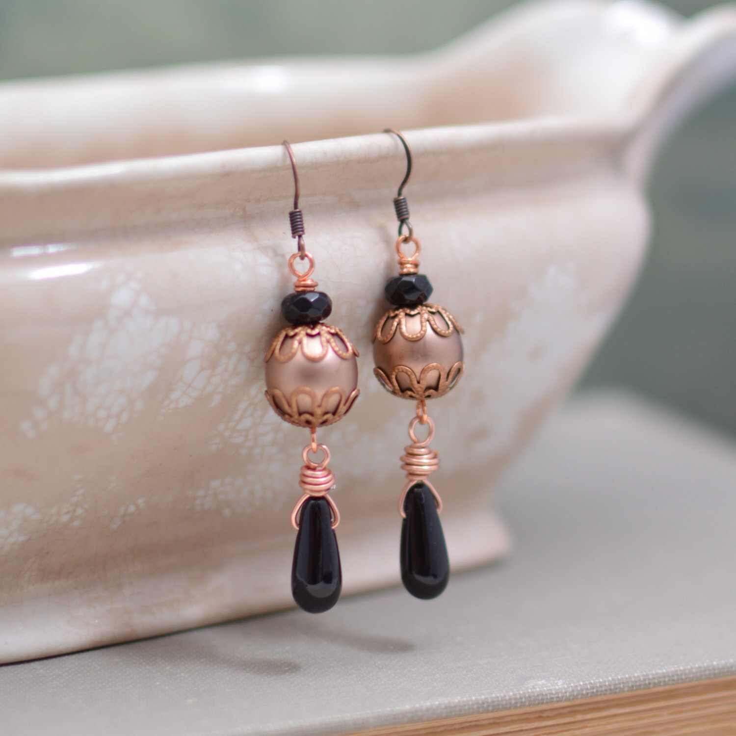 Copper on Black with Burgundy Micro Pearls