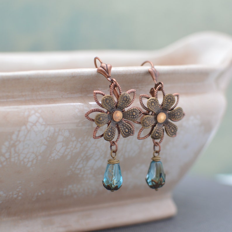 Antiqued Brass Flower Earrings with Blue Glass Teardrop Beads Vintage Earrings Aged Brass Earrings Bridal Earrings Wedding Earrings image 1