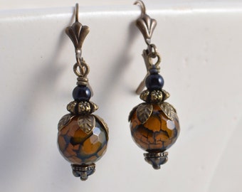 Dragon's Vein Agate Black Onyx and Antiqued Brass Earrings