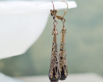 Long Black and Filigree Teardrop Earrings