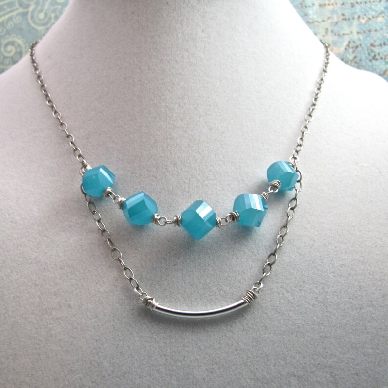 Sterling Silver Double Strand Necklace With Aquamarine Czech Etsy