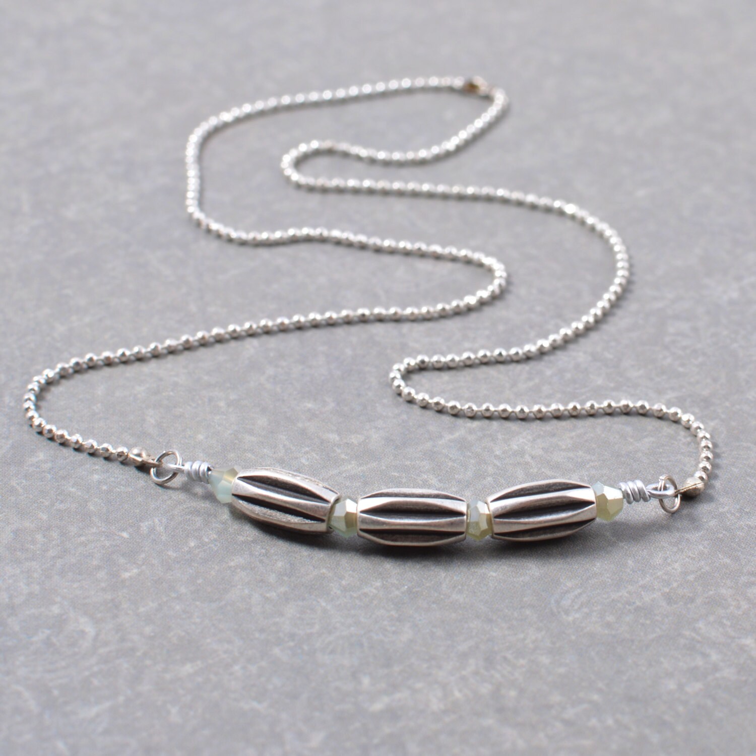 Silver Bar Necklace With Three Tubular Rice Beads and Mint Etsy