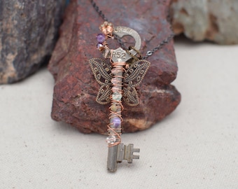 Wire Wrapped Vintage Skeleton Key Pendant Necklace