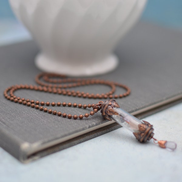 Aged Copper Treasure Tube Glass Vial Necklace