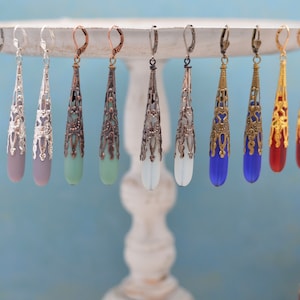 Long Sea Glass and Filigree Teardrop Earrings