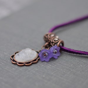 Druzy Necklace on Purple Suede Cord Necklace with White Druzy Aged Copper Flower Pendant with Pastel Purple Flowers Handmade Necklace