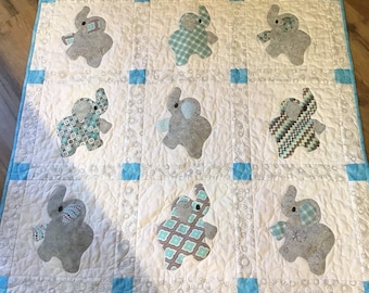 Elephant Treasures handmade quilt in shades of blue