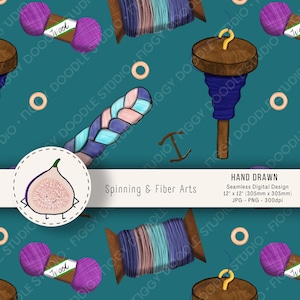May include: Seamless digital design featuring illustrations of yarn, spinning tools, and a fig. The design includes the text "Spinning & Fiber Arts" and "Hand Drawn". The design is 12" x 12" (305mm x 305mm).
