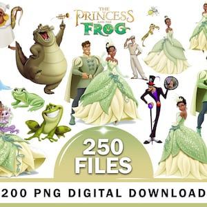 May include: A digital collection of The Princess and the Frog character illustrations featuring Tiana in green gowns, Prince Naveen, Louis the alligator, Dr. Facilier, and other figures. The image includes the text 250 FILES and 200 PNG DIGITAL DOWNLOAD.