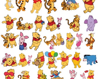 Puede incluir: Una colección de ilustraciones de personajes de dibujos animados de Winnie the Pooh y Tigger. Los personajes se representan en varias poses y expresiones, incluyendo de pie, sentados y sosteniendo objetos. Las ilustraciones están en un estilo de dibujos animados con colores brillantes y líneas simples.