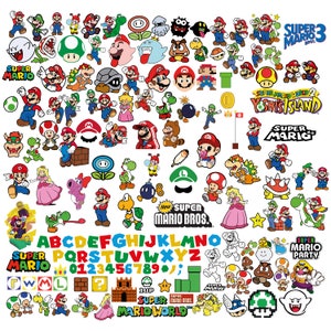 Pacote Super Mario SVG para Cricut e Sublimação, arquivos de corte de Mario, clipart de Mario, fonte Super Mario, PNG de Mario, jogos retrô de corrida