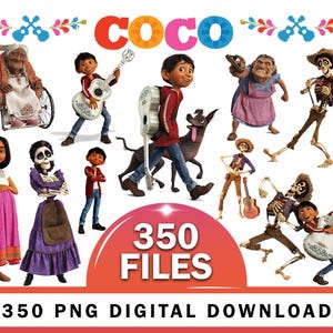 May include: A digital collection of 350 PNG files featuring characters from the movie Coco, including Miguel, Hector, and various family members. The images display colourful animated figures, guitars, and skeletons, with the text COCO and 350 FILES.