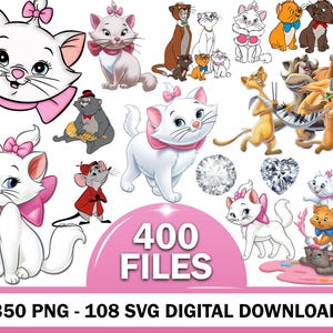 Puede incluir: Una colección digital de Marie la gata y otros personajes de Los Aristogatos, con varias poses, un ratón, gatos músicos y formas de diamante. La imagen incluye el texto 400 FILES, 350 PNG - 108 SVG DIGITAL DOWNLOAD.