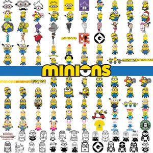 May include: A collage of various Minions characters in different poses and styles. The image includes color illustrations and black and white line drawings. The word "Minions" is prominently displayed in yellow and blue.