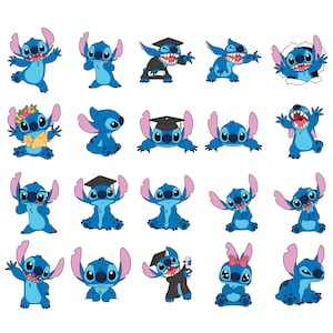 Puede incluir: Un conjunto de 20 pegatinas azules del personaje Stitch con varias expresiones y poses, incluyendo graduación, gafas y una corona de flores.