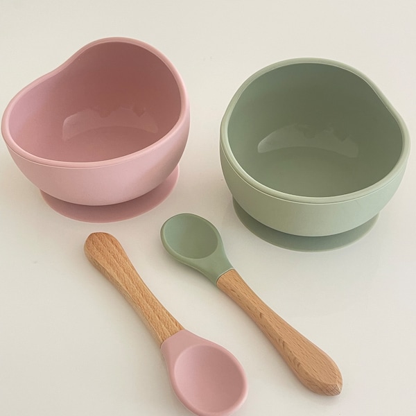 Suction cup bowl + wooden and silicone spoon, baby meal bowl