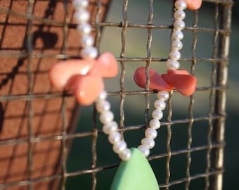 Apple Green Orange Coral White Pearl Necklace